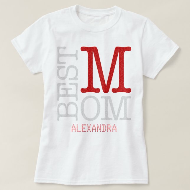 Camiseta Melhor Mãe Red Silver Glitter Name Personalizado (Frente do Design)