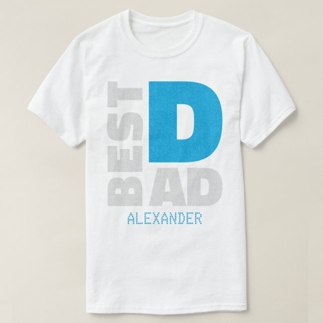 Camiseta Melhor Pai Blue Silver Glitter Name Personalizado (Frente do Design)