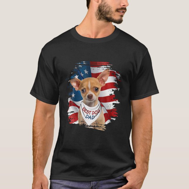 Camiseta Melhor Pai Chihuahua Cute EUA Bandeira Feliz Pai (Frente)