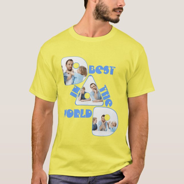 Camiseta MELHOR PAI DO MUNDO, colagem de fotos, fonte azul (Frente)