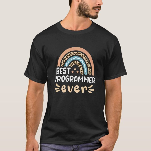Camiseta Melhor Programador de Sempre Leopardo Arco-Íris Mã (Frente)