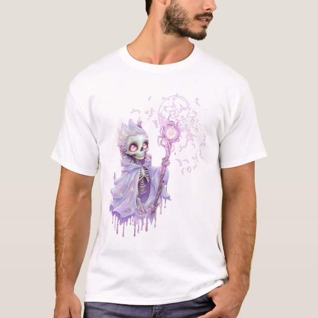 Camiseta Melodias mágicas do esqueleto roxo giro. (Frente)