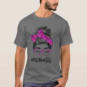 Camiseta Mema Life Messy Bun Pink Leopard Imprime Mulheres 