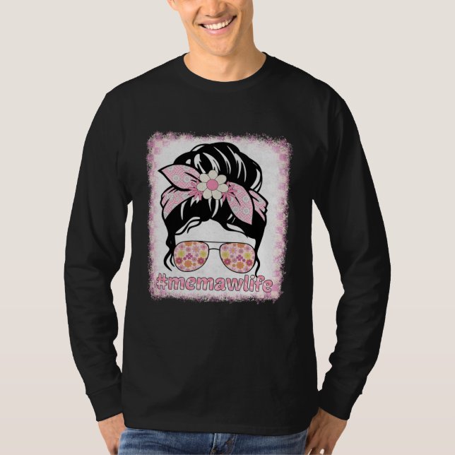 Camiseta Memaw Messy Bun Bleaches Groovy Hippie Flower Moth (Frente)