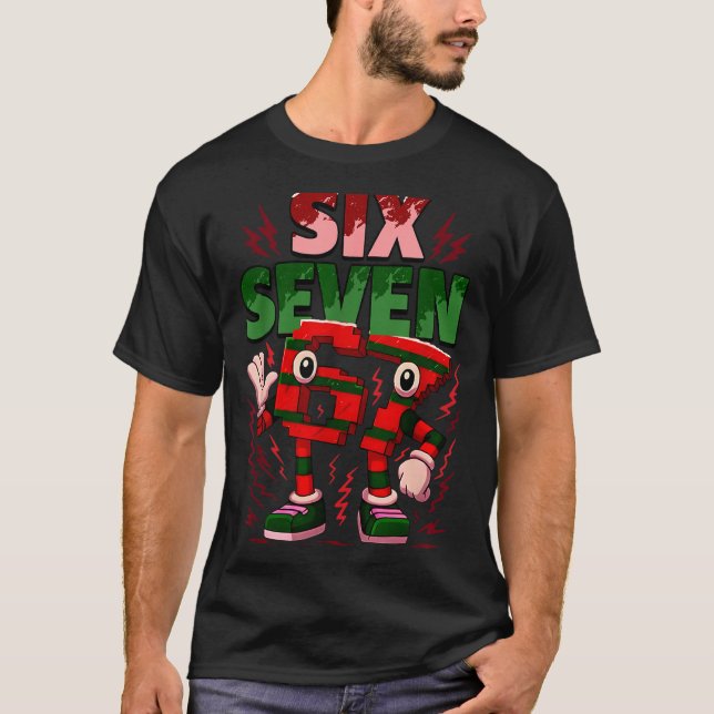 Camiseta Meme 6 7 Six Seven Italian Brainrot Christmas Red  (Frente)