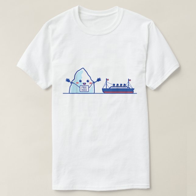 Camiseta Meme de Abraços Grátis com Iceberg e Navio Engraça (Frente do Design)