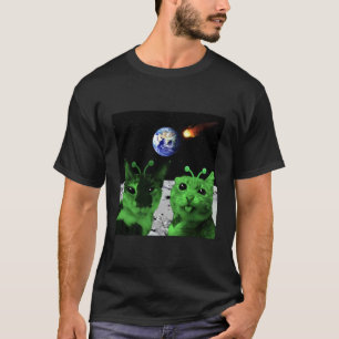 Camiseta Meme de Gato Alien Gato Verde Selfie OVNI Espaço D