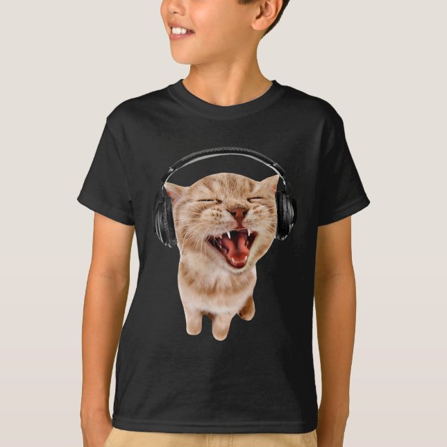 Camiseta Meme de Gato com Fones de Ouvido com Crianças (Frente)