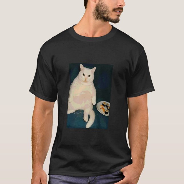 Camiseta Meme de Gato Engraçado Comendo Sushi (Frente)