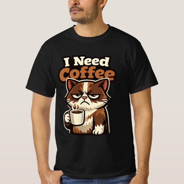 CAMISETA MEME DE GATO “EU PRECISO DE CAFÉ” (Frente)