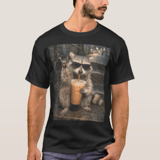 Camiseta Meme de Guaxinim Bebendo Café Gelado Engraçado Ani