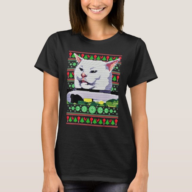 Camiseta Meme Dress Woman Yelling At A Cat Ugly X mas Sweat (Frente)
