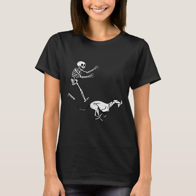 Camiseta Meme Engraçado Greyhound Correndo Esqueleto Hallow (Frente)