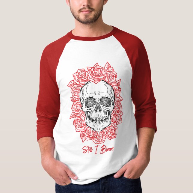 Camiseta Memento Mori! Caveira e Rosas, Desenho Mão (Frente)