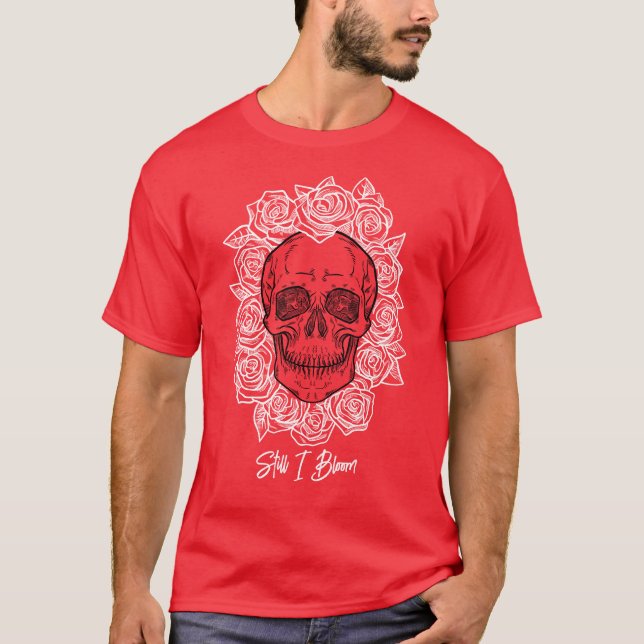 Camiseta Memento Mori! Caveira e Rosas, Desenho Mão (Frente)