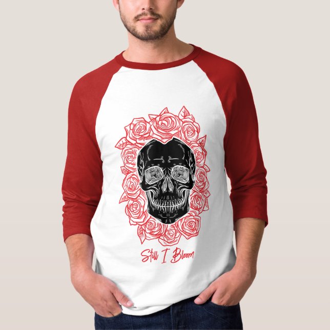 Camiseta Memento Mori! Caveira e Rosas, Desenho Mão (Frente)
