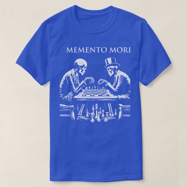Camiseta Memento Mori esqueletos jogam xadrez (Frente do Design)