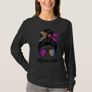 Camiseta Memere Life With Rainbow Leopard Messy Bun Mãe'