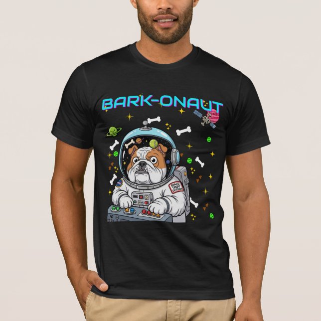 Camiseta Memorial "Barkonaut" Bulldog Espaço Engraçado (Frente)