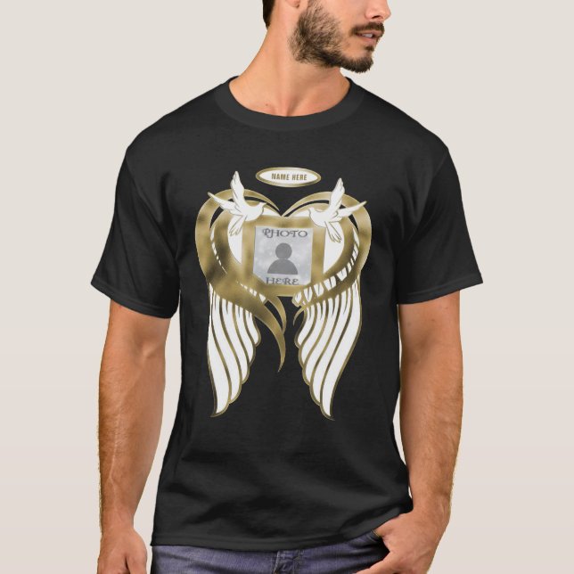 Camiseta Memorial Dourado | Adicionar Foto com Asas, Coraçõ (Frente)