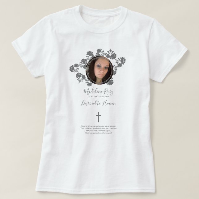 Camiseta Memorial Funeral Cross Foto Floral Motif (Frente do Design)