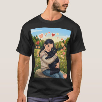 Camiseta Menina Abraçando Gato Preto | Campo de Flores Silv