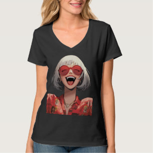 Camiseta Menina Anime Alegre: Cabelo Cinza, Óculos Vermelho