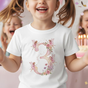 Camiseta Menina Aniversário de 3 anos Fada Rosa Número Três