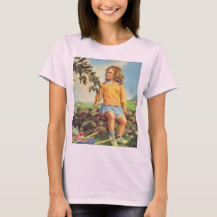Camiseta Menina Antiga Observando Pássaros em uma Árvore, P