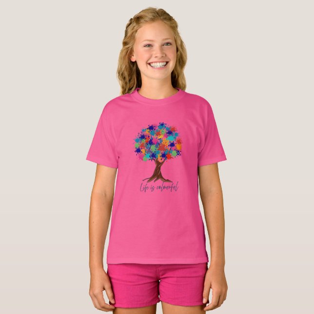 Camiseta Menina Árvore Colorida com Tinta Salpicad (Frente Completa)