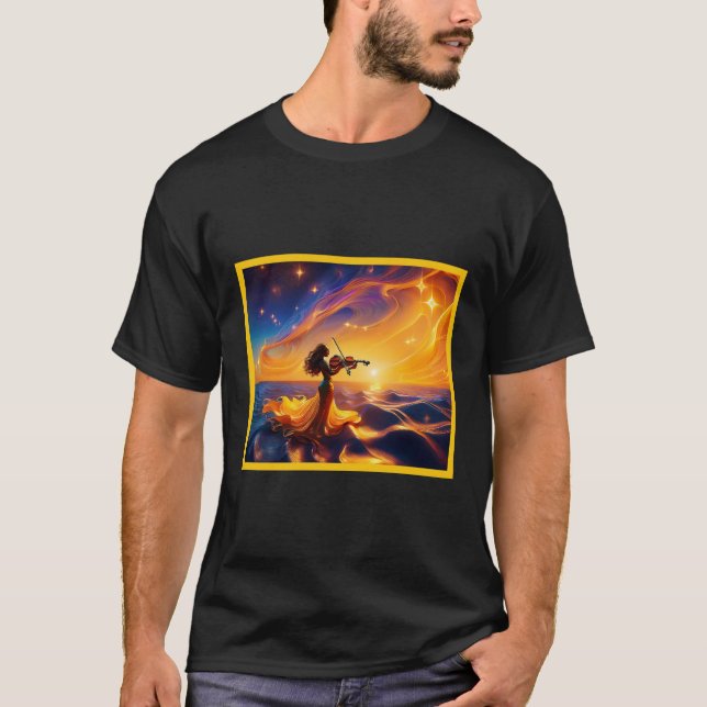 Camiseta Menina Asiática Jogando A Cena Surreal Violina (Frente)