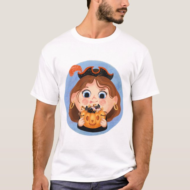 Camiseta Menina bonita numa fantasia pirata de Halloween (Frente)