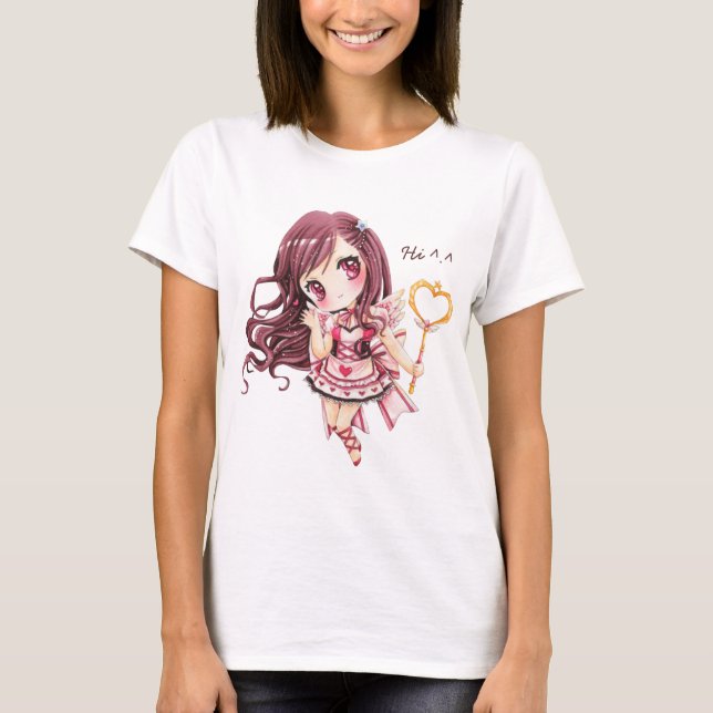 Camiseta Menina bonito com a vara do coração no vestido (Frente)