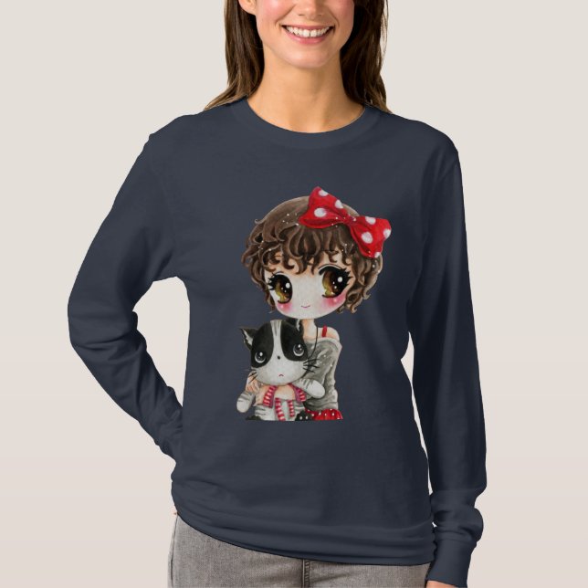Camiseta Menina bonito com o gato preto do kawaii (Frente)