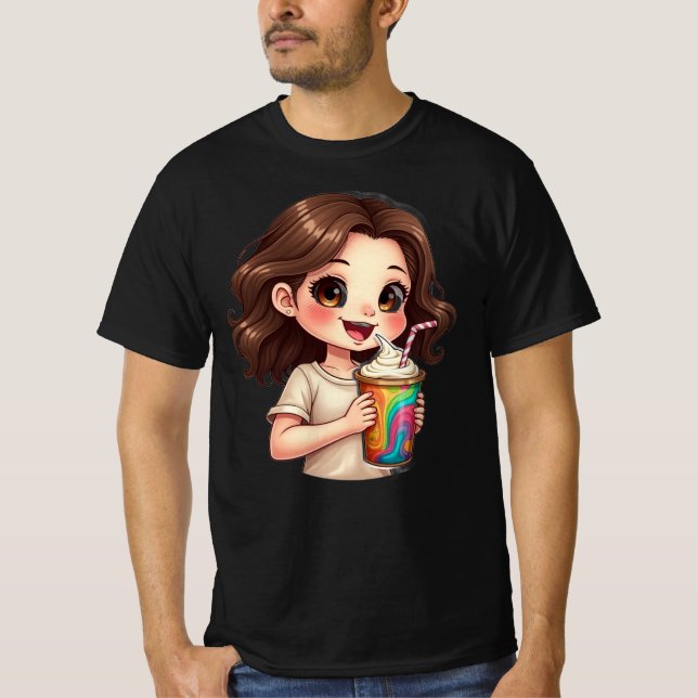 Camiseta Menina Chibi Fofa com Bebida de Redemoinho de Arco (Frente)