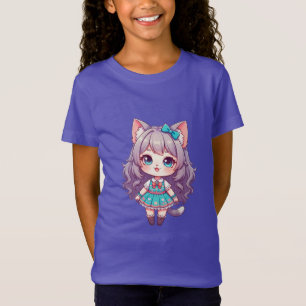 Camiseta Menina Chibi Gata com Vestido Turquesa