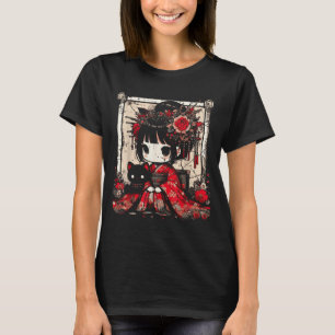 Camiseta Menina Chibi Kimono Gato Preto Flores Arte Japones