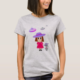 Camiseta Menina com Gato e Discos Voadores