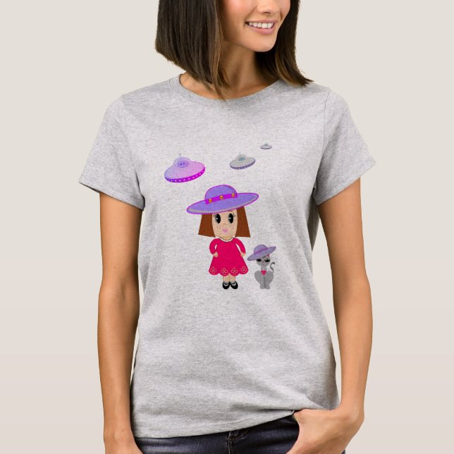 Camiseta Menina com Gato e Discos Voadores (Frente)