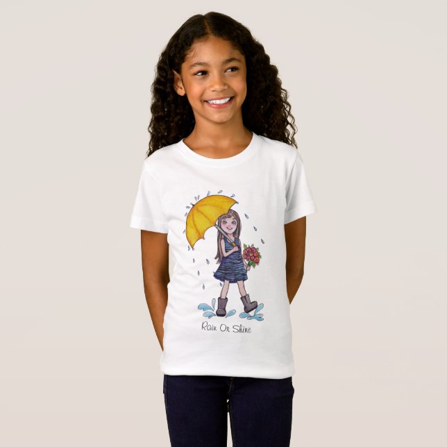 Camiseta Menina Com Guarda-Chuva Amarelo Em Aquarela (Frente Completa)