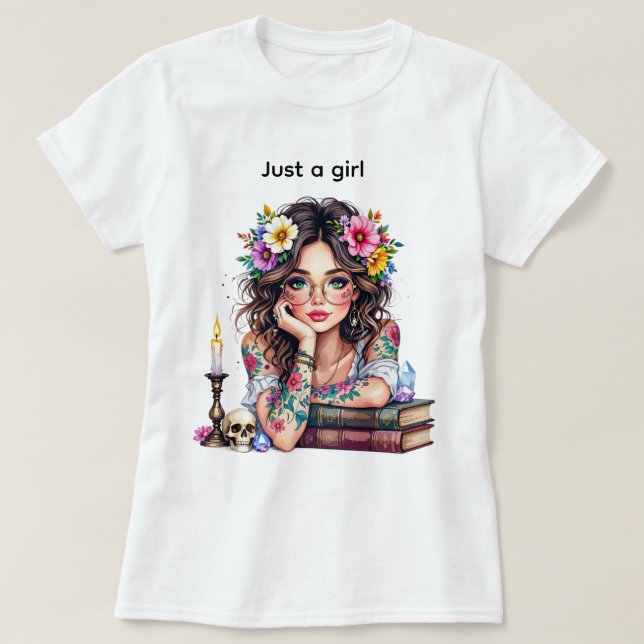 Camiseta Menina com óculos e livro de flores de vela fofa (Frente do Design)