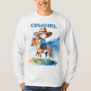 Camiseta Menina Cowgirl Fofa Montando Cavalo Design Aquarel
