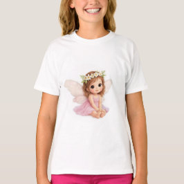 Camiseta Menina da Coroa de Flor Doce Fada com Vestido Rosa