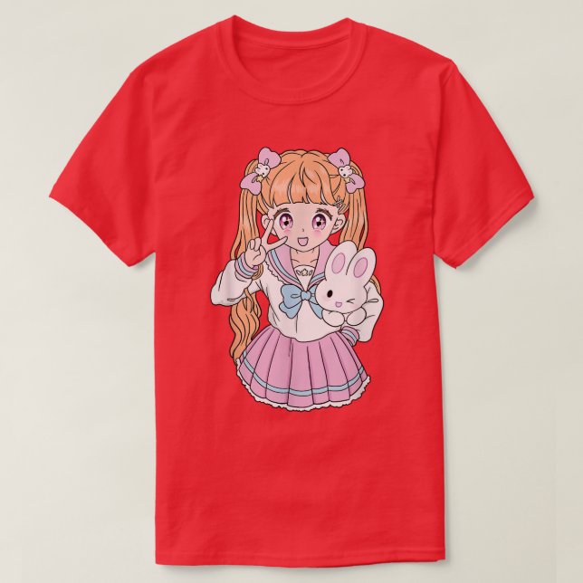 Camiseta Menina da escola Kawaii, linda, animadora e adoles (Frente do Design)