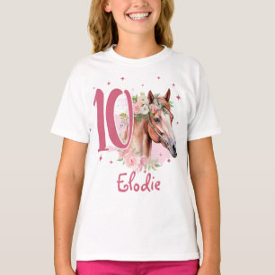 Camiseta Menina de 10 Anos de Idade Cavalo Rosa Pastel Dez 