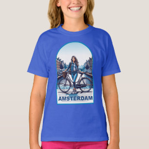 Camiseta menina de Amsterdã com bicicleta na ponte