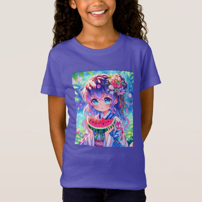 Camiseta Menina de animação bonita comendo melancia no dia  (Frente)