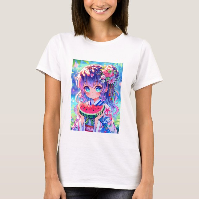 Camiseta Menina de animação bonita comendo melancia no dia  (Frente)