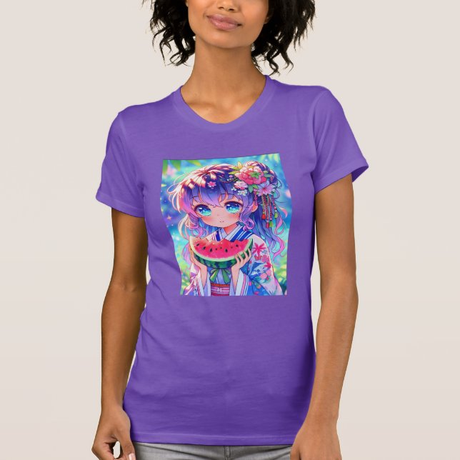 Camiseta Menina de animação bonita comendo melancia no dia  (Frente)