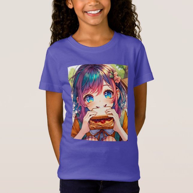Camiseta Menina de Animação Bonita comendo uma Manteiga de  (Frente)